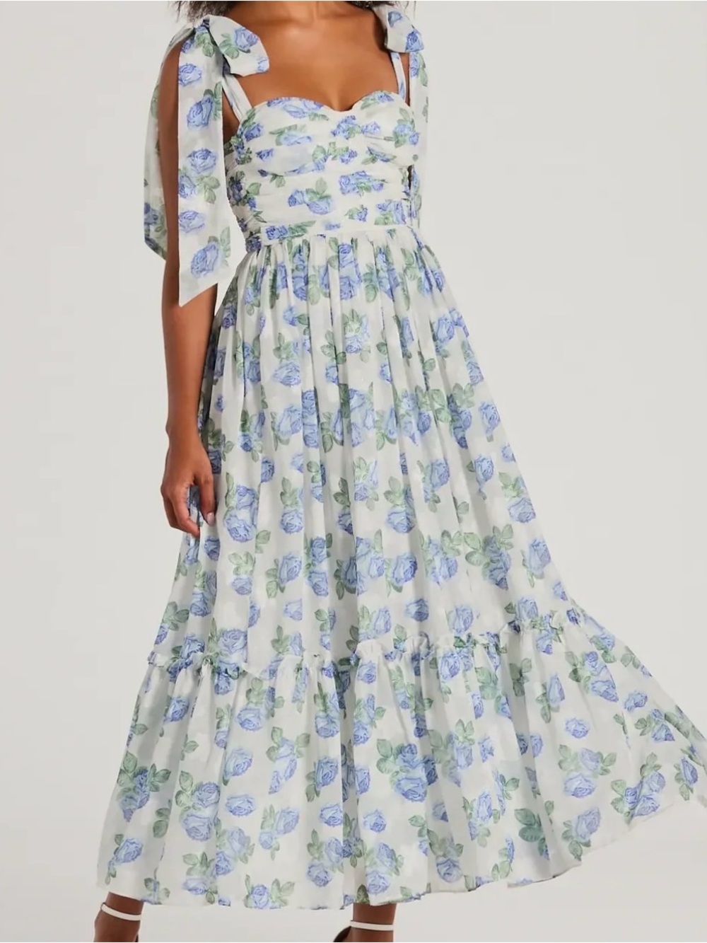 MABLE Blue and White Floral Tie-Shoulder Maxi Dress